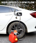 No Strings Attached Cordless Fuel Transfer Pump With Auto Stop For Gas Cans And Oil Jugs 3.5 GPM High Flow in action refueling a car.
