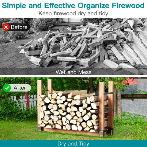 Comparison of firewood storage, before messy pile, after organized on Adjustable Firewood Rack Set Of 4 For Outdoor And Indoor Use