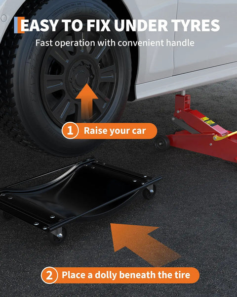 Set Of 4 Badass Car Dollies With 10000 Pounds Capacity And 3.5 Inch Solid Steel Wheels for easy vehicle tire placement under lifted car.