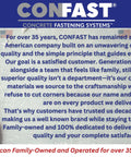 CONFAST company commitment text with American flag, family-owned brand for over 35 years, emphasizing quality and satisfaction.