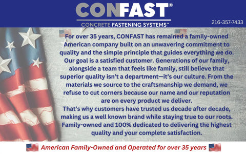 CONFAST company commitment text with American flag, family-owned brand for over 35 years, emphasizing quality and satisfaction.