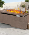 51 Inch Propane Fire Pit Table With 50,000 BTU Smokeless Heat, Glass Wind Guard, and Wood Grain Patio Heater on patio