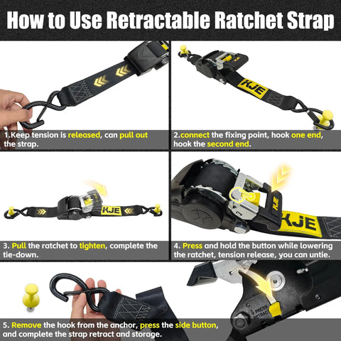 Diagram showing how to use Retractable Ratchet Straps 4 Pack 2 Inch By 10 Foot Heavy Duty Tie Downs with Soft Loops for securement.