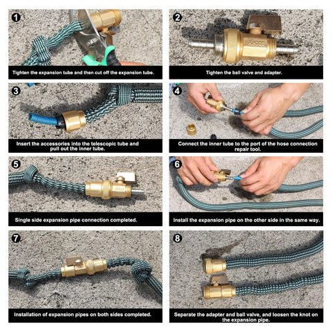 Garden Telescopic Hose End Adaptor With Shut Off Valve And Brass Repair Connector installation steps on concrete surface