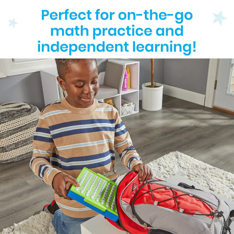 Child placing Division Practice Board With Self-Checking Dials For Kids into a red backpack for on-the-go math practice.