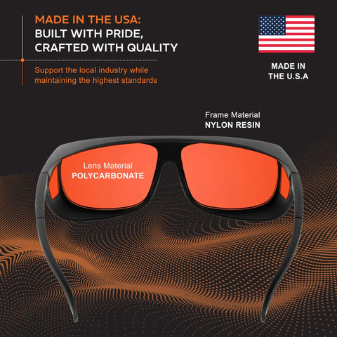 Heavy Duty Laser Safety Glasses With A Roomy Fitover Cut Giving Hella Wavelength Coverage Up To 532Nm And An OD 7 Plus Guard, black nylon frame and polycarbonate lenses.