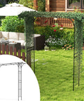 81 Inch Garden Arch Metal Arbor For Climbing Plants, in backyard with greenery, easy ground insertion visible in 3D diagram