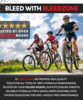 Three cyclists on a trail emphasizing SRAM Maven Pro Grade Hydraulic Brake Bleed Kit With Bleeding Edge Fitting for reliable stopping power