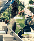 Collage of garden hose usage in yard irrigation, outdoor garden, bathroom, and high-pressure cleaning scenarios