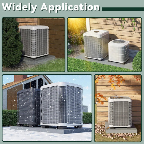 Badass Heavy Duty Rubber Anti Vibration Pads Square Isolation Mats For Central Air Conditioner Outdoor Units HVAC Systems And Air Compressors To Smooth Out Shaky Rides And Lift Gear Clear Pack Of Four Black placed under outdoor AC units in various weather.