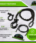 Two Foot ATV Recovery Strap With Winch Hook And D Ring Shackle For Four Wheelers And Quads 17600 Pound Synthetic Rope With Loops