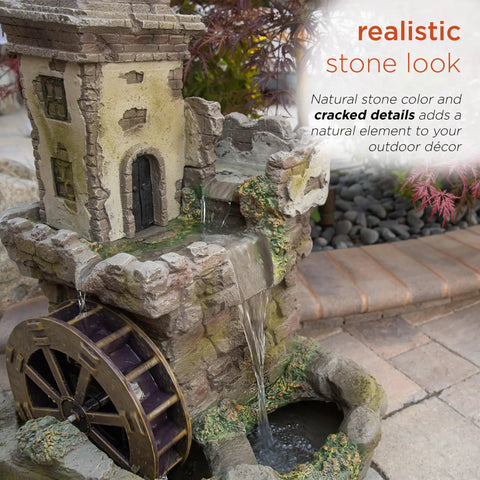 Outdoor Floor Tiered Fairy Castle Waterwheel Fountain With Realistic Stone Look Brown Finish, includes internal pump.