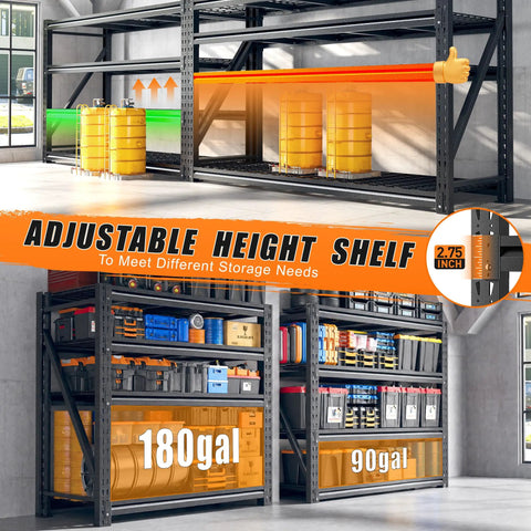 Heavy Duty Garage Shelving Units With 3044 Pound Capacity shown with adjustable height, storing 180gal and 90gal containers.