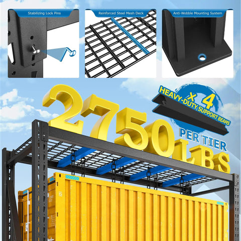 Rock Solid Industrial Storage Shelves 2 Pack 8250 Pound Capacity Heavy Duty 3 Tier Adjustable Metal Rack with stabilizing lock pins.