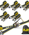 Heavy Duty Ratchet Straps 6 Pack 2 Inch By 15 Foot With J Hooks 5500 Lbs Max Break Strength, black webbing, storage bag.