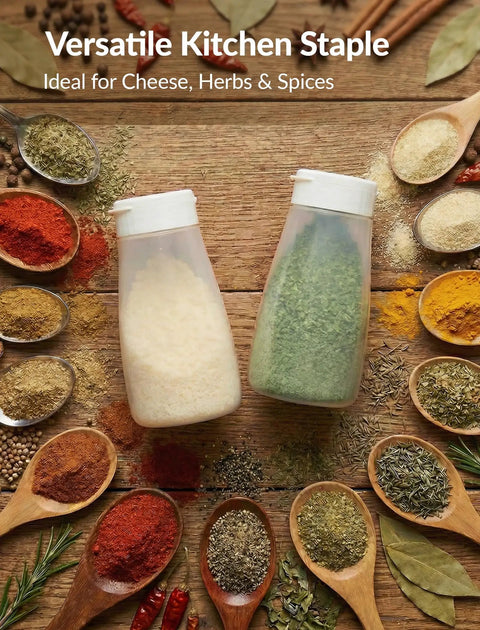 Top Shelf Soft Parmesan Cheese Shaker Set Squeezable Spice Jars With Wide Opening Heavy Duty Plastic Seasoning Dispensers on a wooden table with spices.
