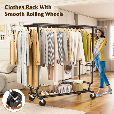 Rock Solid Heavy Duty Clothing Rack Featuring Double Hanging Rods And Commercial Grade Stainless Construction Built Tough For Master Bedroom Or Boutique Display Rooms with smooth rolling wheels, holding various clothes.