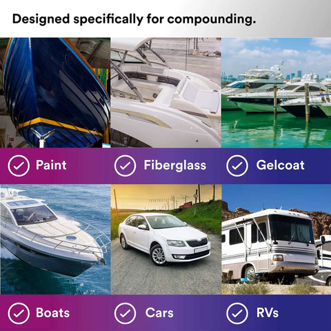 Images of boats, cars, and RVs for compounding uses with paint, fiberglass, and gelcoat.