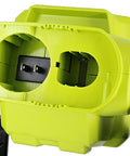 Close-up of the back of a One Plus 1800 Lumen 18V Hybrid LED Work Light With Flat Standing Base Onboard Mounting Options Corded Or Cordless Use Light Only Battery And Extension Cord Not Included.