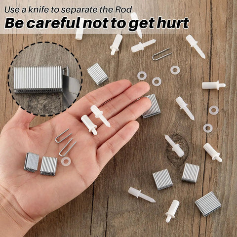 Spring Loaded Plantation Shutter Pins And Heavy Duty Magnets Complete 125 Piece Repair Kit With Screws for Windows Doors showing pins and clips.