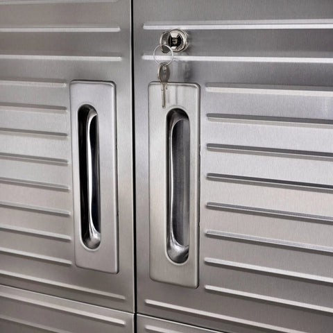 Close-up of the lock and handles on Tough As Nails Heavy Duty Steel Storage Cabinet With Lockable Door And Six Adjustable Shelves.