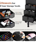 Ro ad Ready Roller Makeup Train Case With Three Spacious Drawers For Salon Pros And Grooming Artists Features Smooth Pivot Wheels and tough cart with open drawers showing storage.