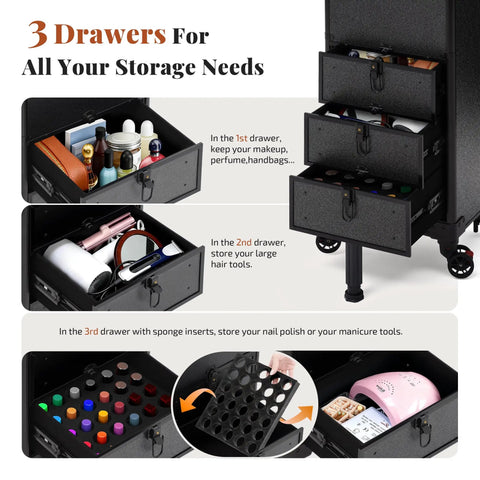 Ro ad Ready Roller Makeup Train Case With Three Spacious Drawers For Salon Pros And Grooming Artists Features Smooth Pivot Wheels and tough cart with open drawers showing storage.