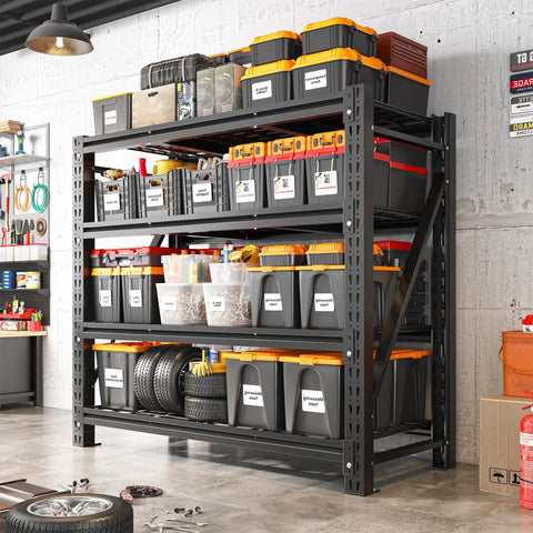 Heavy Duty Garage Shelving Units With 3044 Pound Capacity filled with black and orange storage bins and tools in a workshop.