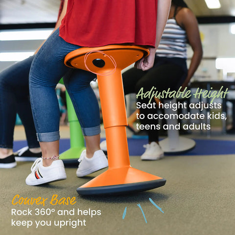 SitWell Wobble Stool With Adjustable Height For Active Seating In Classrooms And Home Learning, orange stool with kids seated