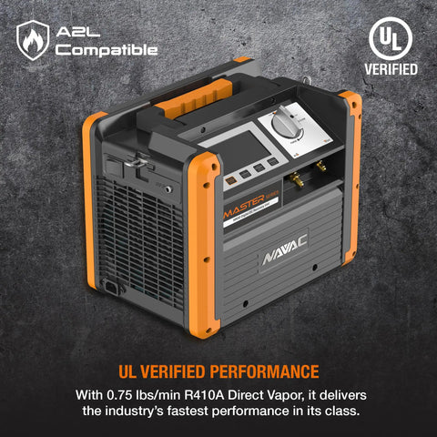 Built Tough Twin Cylinder A2L Safe Air Conditioning Recovery Pump With Fast Brushless DC Motor One Press Digital Display side view.