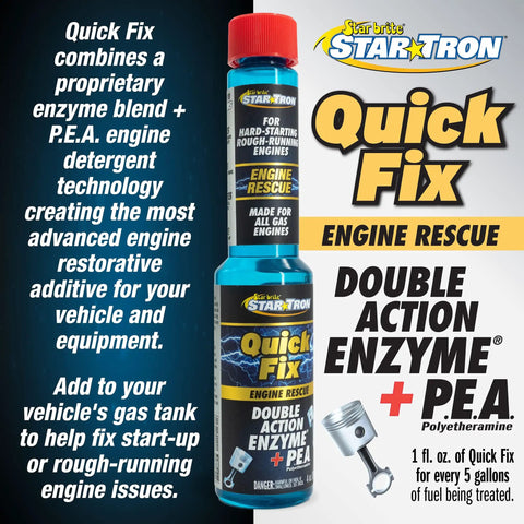 Fast Acting Fuel System And Injector Cleaner Quick Fix For Rough Idles Smooth Ride Gas Tank Additive Featuring Advanced Enzyme Formula To Clear Out Dirt And Bring Your Engine Back To Life Pack Of Two in a blue bottle with red cap and label.