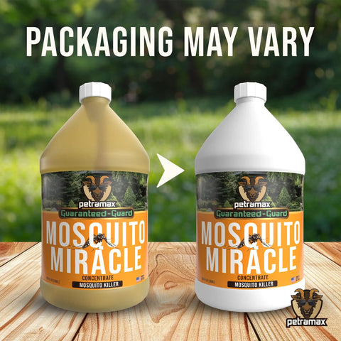 Miracle Outdoor Mosquito Spray For Yard Pet Safe Concentrate packaging options on wooden table with greenery background.