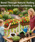 Mother and daughter planting flowers in 24 Inch Railing Planter With Adjustable Brackets Window Box With Coco Liner.