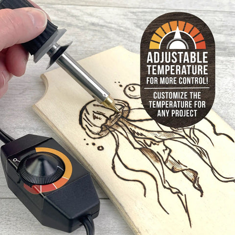 All-In-One Wood Burning Kit For Beginners And DIY Enthusiasts With Adjustable Temperature, used on wood panel.