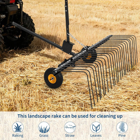 60 Inch Tow Behind Landscape Rake For ATVs And Mowers, Beefy Steel Teeth Dethatcher And Pine Straw Rake on field