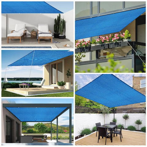 Blue Sun Shade Sail 3 Ft By 7 Ft Straight Edge With Grommets UV Blocking And Water Permeable Canopy Cover installed outdoors