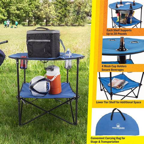 Round Two Tier Folding Camp Table With Four Cupholders And Carrying Bag Perfect For Camping Beach Picnics Tailgating And Outdoor Events