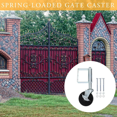 Heavy Duty Spring Loaded Gate Caster Wheel For Swing And Farm Gates with metal design near decorative gate.