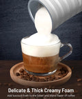 Pouring creamy foam from 4 In 1 Milk Frother With Temperature Control For Hot Or Cold Foam Barista Grade Foam into coffee cup