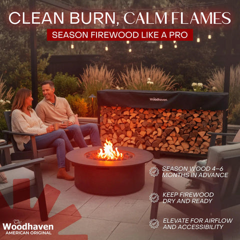 Outdoor setting with a heavy duty firewood rack for outdoor and indoor use eight foot raised lumber storage holds half cord of logs about sixty four cubic feet with cover.