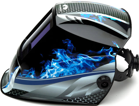 Wham 3030FM Auto Darkening Welding Helmet with Pivot Headgear, blue flame design, durable nylon build, side view