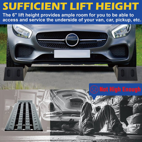 Heavy Duty Car Ramps Kick Up Your Ride Smooth Six Point Two Five Inch Rise shown lifting a vehicle for maintenance access.