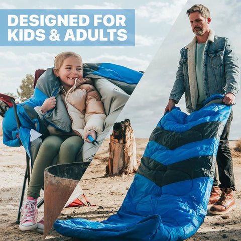All Season Sleeping Bag For Adults And Kids, Lightweight And Cozy Waterproof Gear For Backpacking Camping And Hiking, Temperature Rated 50F To 77F, Fits 6ft Adults, Single Or Double Comfort, Must Have Outdoor Sleep Gear being used by a girl and man outdoors