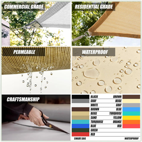 Commercial and residential beige sun shade sail, showing permeability, waterproof quality, craftsmanship, and color options.