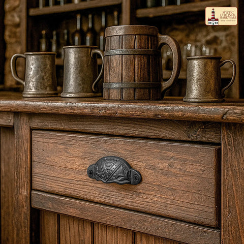 Set of 4 Black Cast Iron Cup Drawer Pulls Featuring Mystic Colonial Medieval Design, Rock Solid Hardware at 3 1/4 Inches on wooden dresser.
