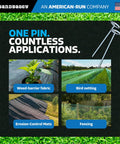 Image showing Beefed Up Heavy Duty 6 Inch Landscape Staples With 8 Gauge Galvanized Circle Top Ground Pins for various outdoor uses.