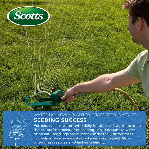 Man using a sprinkler on grass to water Boost Your Lawn Game Fast Quick Fix Grass Seed Mix for seeding success.