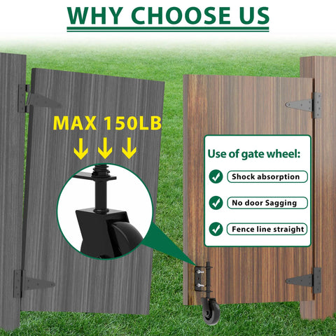 Badass Heavy Duty Gate Wheels 4.3 Inch Solid Steel Roller With Spring Shock Absorption Black Rust Proof Finish That Rolls Like A Dream And Keeps Things Tight Two Pack showcased with gate support details.