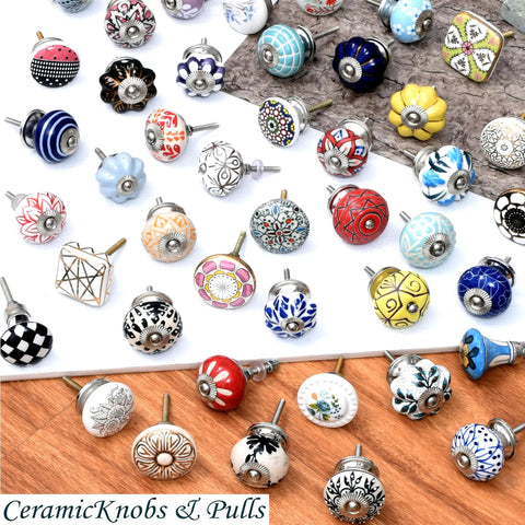 Colorful ceramic drawer knobs in various designs and shapes for modern home decor, including Top Quality Solid Yellow Ceramic Drawer Knobs One Hundred Piece Set For Kitchen Cabinets And Dresser Drawers Slick Modern Style That Packs Badass Durability And Is Super Easy To Install For Quick Room Glow Up.