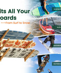 Solid 3 Tier Bamboo Surfboard Rack for Wall Mount or Floor Stand displaying surfboards, SUPs, and snowboards.